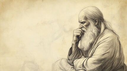 Fototapeta premium Grief and Determination Illustrated - Job Reflecting Quietly After Speaking, Showing Deep Emotional Conflict, Beige Background