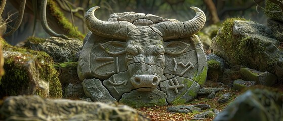 Fototapeta premium Taurus bull symbol carved into ancient stone, surrounded by cracks and moss, set in a mystical forest, hyper-realistic, no blur, full image