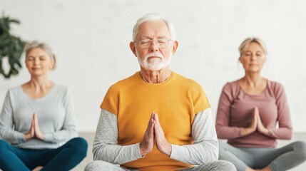 Elderly group doing seated chestopening stretches in a sunny room, Senior group, chair yoga, chestopening