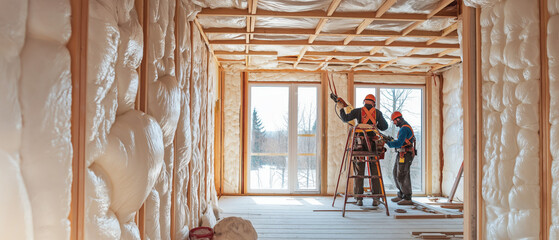 Two workers insulate a room. The space features wooden frames, foam insulation, and large windows with a wintry view.