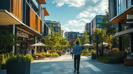 Vibrant Urban Streetscape with Modern Architecture and Pedestrians