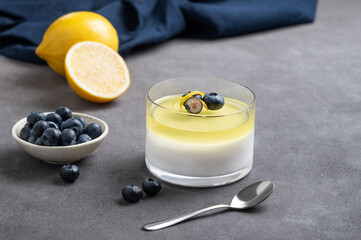 Creamy lemon panna cotta with blueberries in a glass with fresh berries, citrus fruits and napkin...