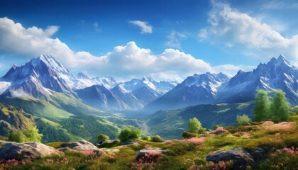 A wide, scenic mountain valley in full bloom, with vibrant wildflowers scattered across the grassy landscape. Snow-capped peaks rise against a brilliant blue sky, creating a breathtaking natural