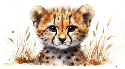 Obraz premium A charming illustration of a young cheetah, featuring vibrant colors and a playful expression, surrounded by soft grass.
