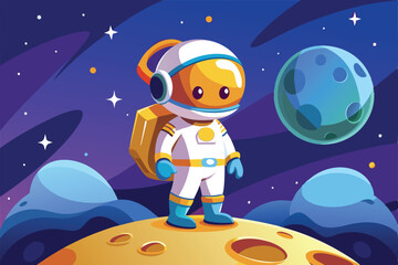 Naklejka premium A cartoon astronaut stands on the moon, gazing at the stars and distant planets in a colorful night sky, a cartoon character an astronaut standing in moon