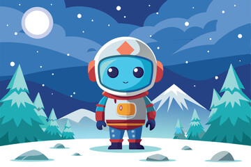 Naklejka premium A playful astronaut stands in a snowy landscape with trees and mountains beneath a glowing moon, a cartoon character an astronaut standing in the snow