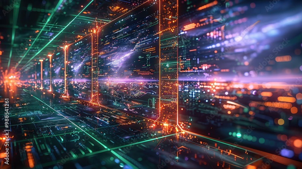 Poster small monitors showing various landscapes are transmitted at high speed along with green and purple 