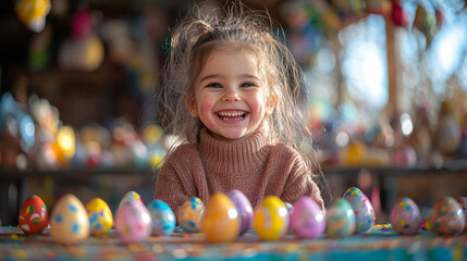 Fototapeta premium Children laughing as they paint colorful Easter eggs at a table covered in decorations,
