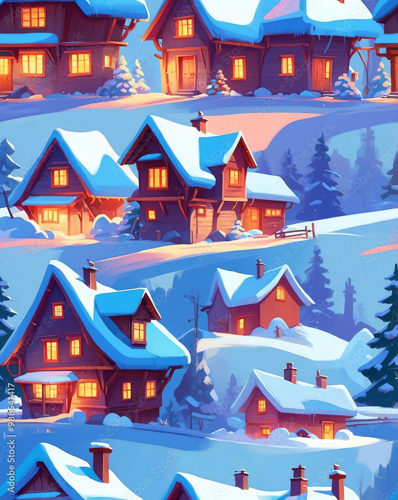 Poster Russian winter landscapes with traditional houses seamless design pattern