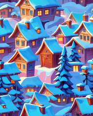 Obraz premium Russian winter landscapes with traditional houses seamless design pattern