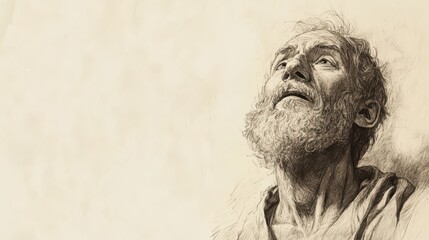 Obraz premium Isolation and Despair - Biblical Illustration of Job Contemplating His Suffering in Darkness, Beige Background