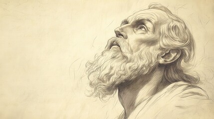 Fototapeta premium Wisdom and Foreknowledge Illustrated - God in The Heavenly Court Gazing Towards Earth, Beige Background