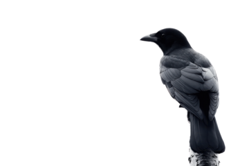 A raven perched elegantly, showcasing its glossy black feathers and intense gaze.