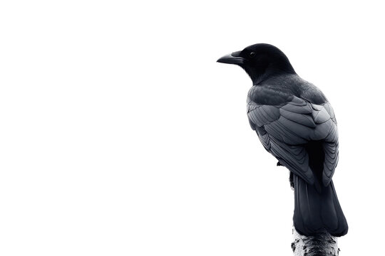 A raven perched elegantly, showcasing its glossy black feathers and intense gaze.