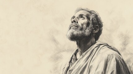 Fototapeta premium Biblical Illustration of Job’s Faithful Conclusion - A Testament to His Sorrow, Hope, and Faith in God, Beige Background