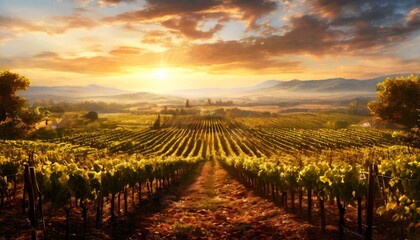 Rows of lush grapevines stretch across a sunlit valley as the morning sun rises, casting a golden glow over the landscape. A picturesque vineyard scene brimming with tranquility and beauty.. AI