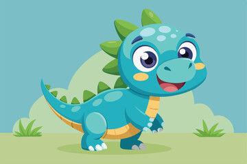 Fototapeta premium A cute baby dinosaur happily admires its colorful surroundings under a bright blue sky, a cartoon character baby dinosaur