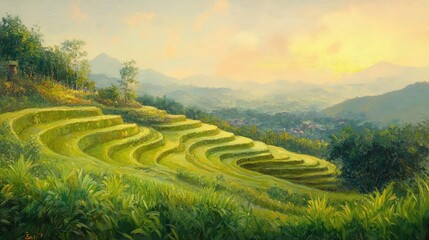 Fototapeta premium A peaceful rice terrace landscape at dusk, with layers of green paddies cascading down the hillside and reflecting the soft evening light.