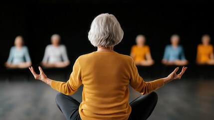 Elderly woman leading a chair yoga class, demonstrating a pose with arms extended, Senior woman, chair yoga instructor, group session