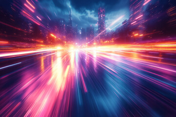 Obraz premium A vibrant, abstract background with neon light streaks and reflections,