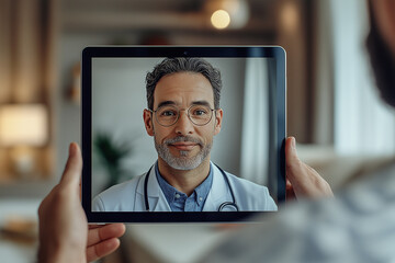Man Using Tablet for Virtual Doctor Visit in Home Setting
