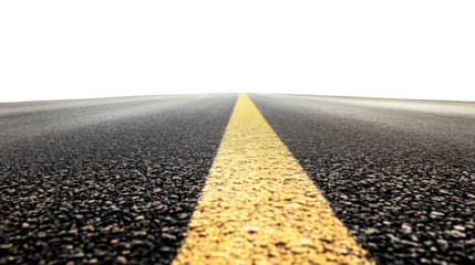 Close-up view of a highway asphalt road with a yellow center line, isolated background.