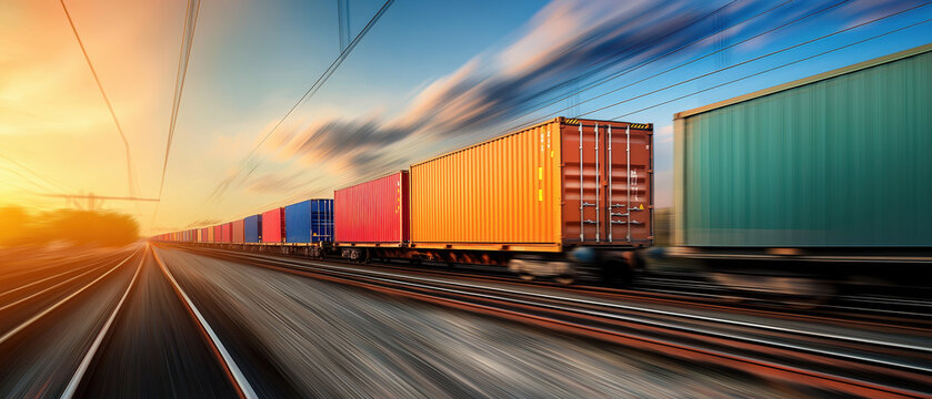 Vibrant cargo trains moving swiftly at sunset, showcasing colorful containers against a blurred landscape.