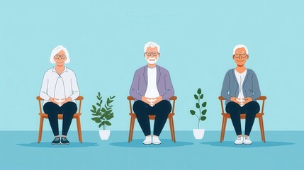 Group of elderly participants doing a seated mountain pose, focusing on posture and alignment, Senior group, mountain pose, chair yoga