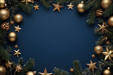 Christmas card. Frame borders made of gold balls, decorations, fir branches on dark blue background. Luxury style with generative ai