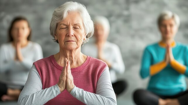 Group of seniors doing a seated warrior pose in a chair yoga session, instructor guiding from the front, Senior group, warrior pose, chair yoga