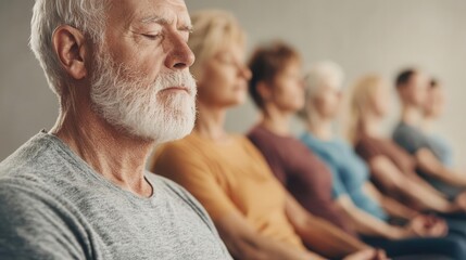 Group of seniors in a chair yoga session, focused on a seated forward fold, soft lighting in the room, Senior group, forward fold, chair yoga
