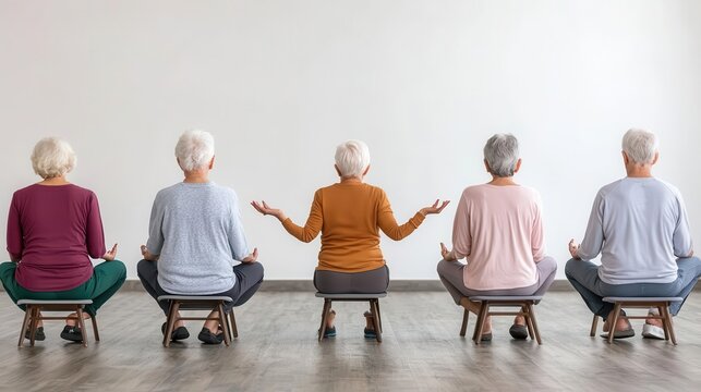 Group of seniors in a chair yoga class, instructor demonstrating a pose in front of them, Elderly group, yoga instructor, chair exercise