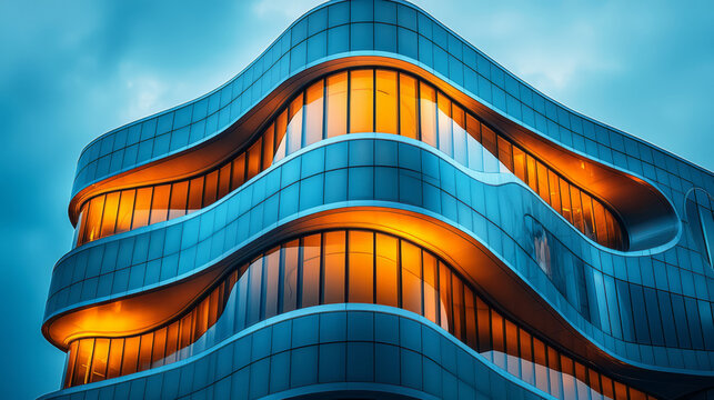 A close-up of a building with an innovative facade, featuring curved glass and metal elements,