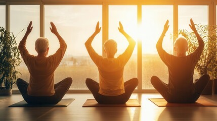 Group of seniors raising their arms in a chair yoga pose, sun shining through large windows, Elderly group, chair yoga, sunlight