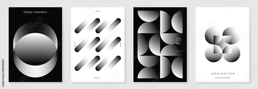 Poster abstract monochrome gradient poster background vector set. modern cover template with black and whit