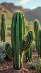 Tall green cactus is the main focus of the image
