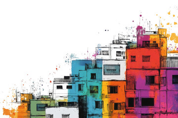 Colorful urban buildings vibrant designs black background.