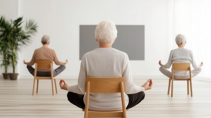 Seniors following along in a virtual chair yoga class, instructor on screen while they sit on chairs, Elderly group, virtual yoga, chair poses