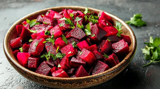 Vibrant beetroot salad with fresh herbs prepared in a rustic kitchen setting