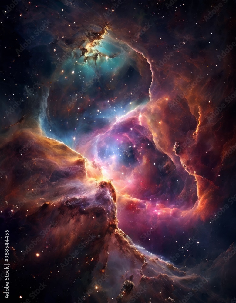 Poster a mesmerizing view of a colorful nebula swirling in deep space, illuminated by glowing stars and clo