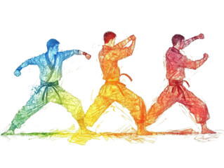 Dynamic watercolor illustration of karate practitioners in action poses.