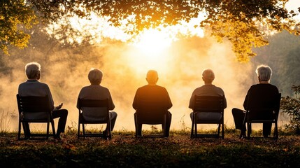 Seniors practicing chair yoga outside in a park, with chairs set up in a circle, Senior group, outdoor yoga, park setting