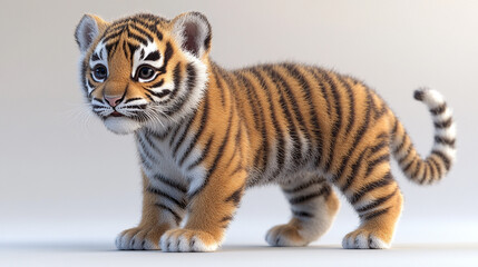 Obraz premium A cute tiger cub standing gracefully with vibrant orange fur and distinct black stripes, showcasing its playful spirit.