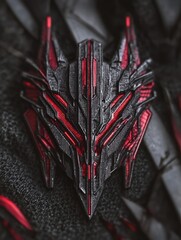 A close-up of a red and black futuristic helmet with sharp lines and intricate details.