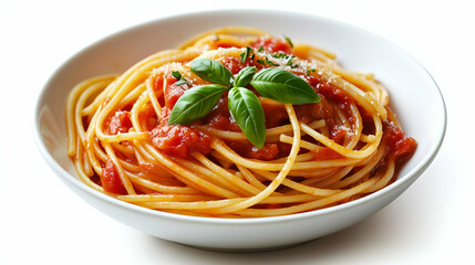 A bowl of classic spaghetti topped with rich tomato sauce, garnished with fresh basil leaves. The vibrant red sauce and perfectly cooked pasta make for a simple yet delicious Italian meal.