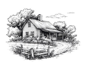 Illustration of a quaint countryside house with surrounding trees and a wooden fence.