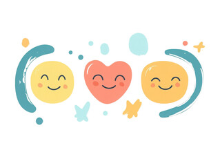 Illustration of cheerful faces with a heart on a white isolated background.