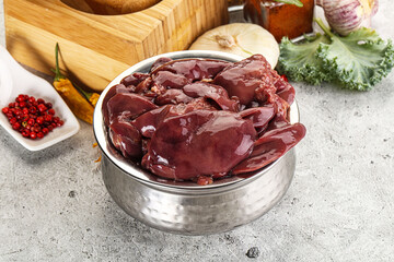 Raw uncooked chicken liver in the bowl