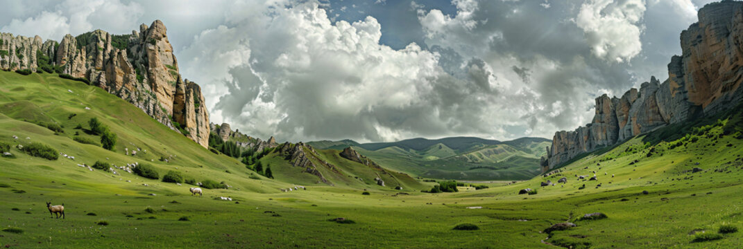 Peaceful mountain valley with a lush green pasture on the left and a rocky cliff on the right and a single goat grazing alone and with a sky filled with drifting clouds. - Powered by Adobe