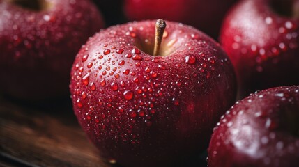 Close-up of shiny red apples with water droplets resting on a wooden surface, creating a luxurious and fresh scene with copy space